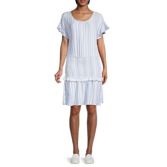 West kei Blue And White Flutter Sleeve Dress With Flounce And Smocking Size L - Picture 1 of 9